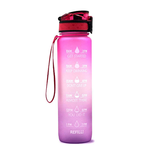 1L motivational water bottle with time marker, pink-to-purple gradient body, magenta lid