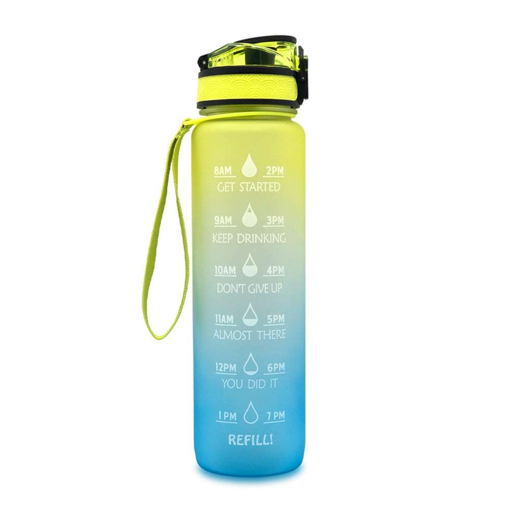 1L motivational water bottle with time marker, green-to-blue gradient body, green lid