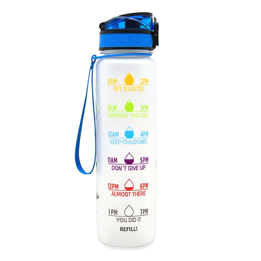 1L motivational water bottle with time marker text on white body, blue cap, strap