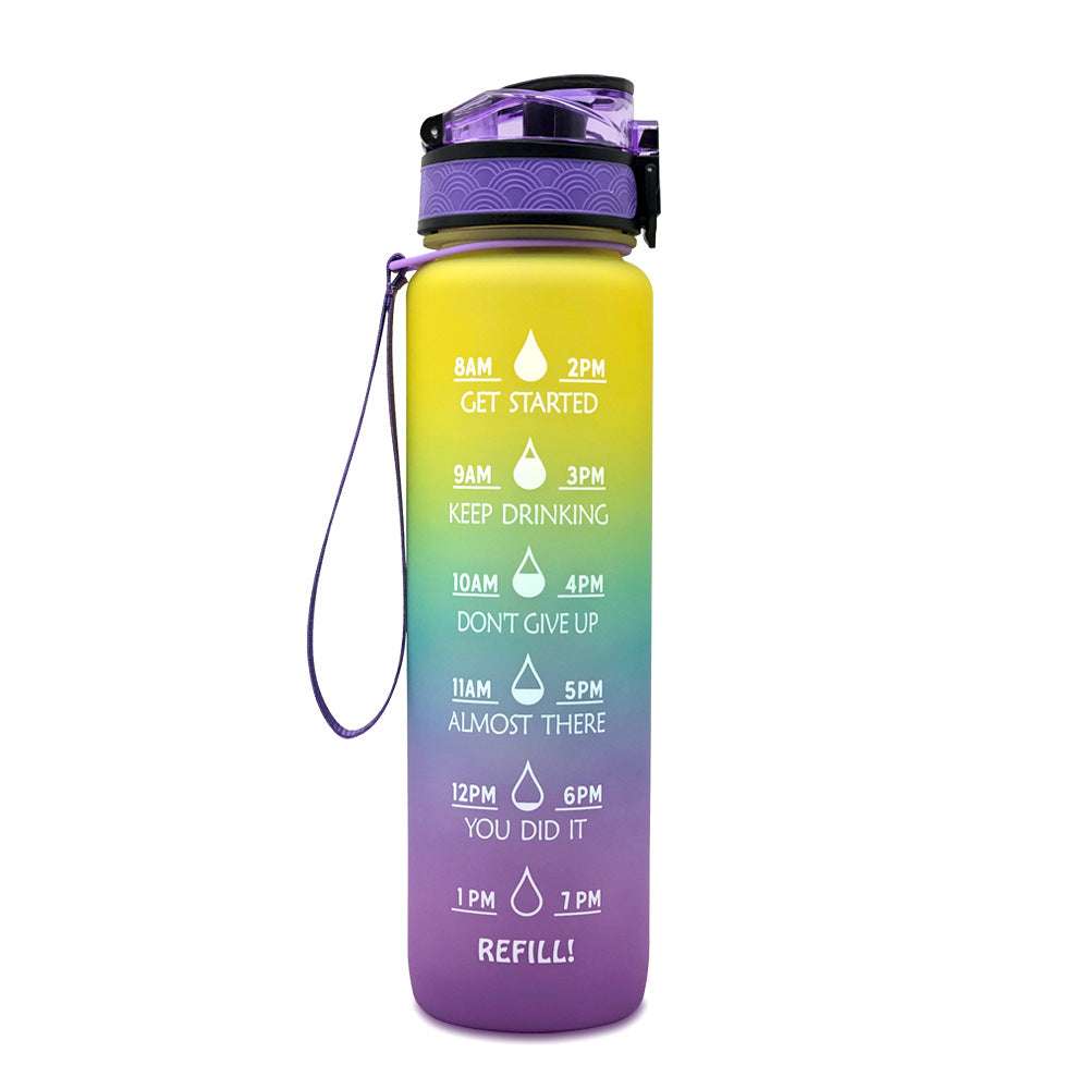 1L motivational water bottle with time marker, yellow-to-purple gradient body, purple lid
