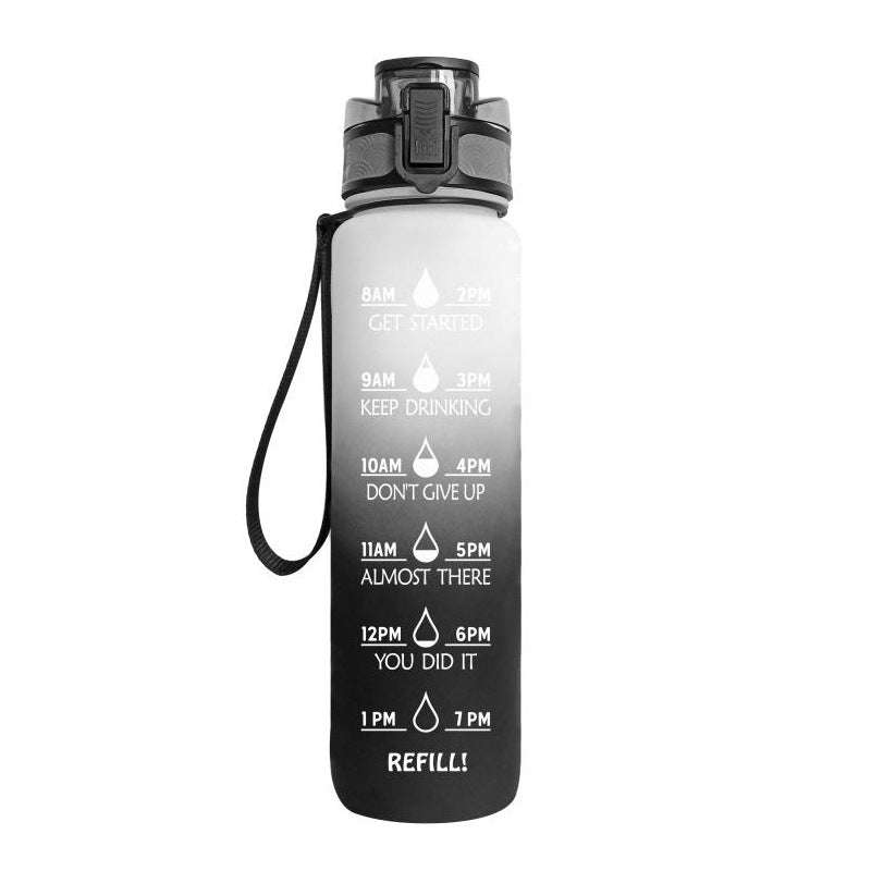 1L motivational water bottle with time marker, black body and lid, wrist strap