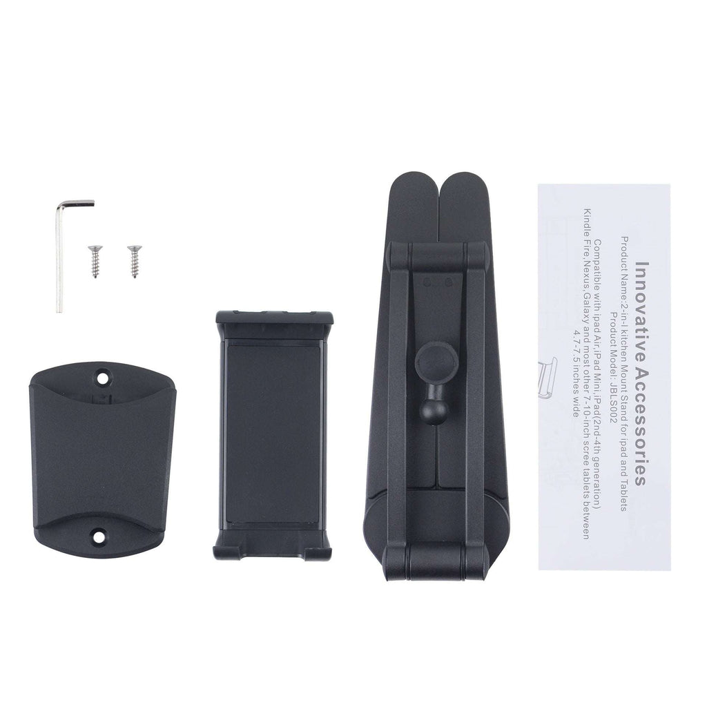 Black folding phone/tablet stand with adjustable mount, screws, and fixing pads
