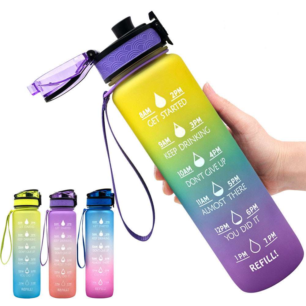 1L motivational water bottle with time marker, purple gradient with yellow bottom and lanyard