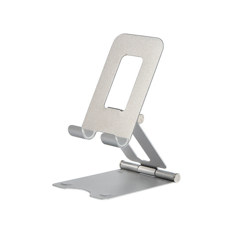 Silver metal desktop phone and tablet stand with angled base and holder