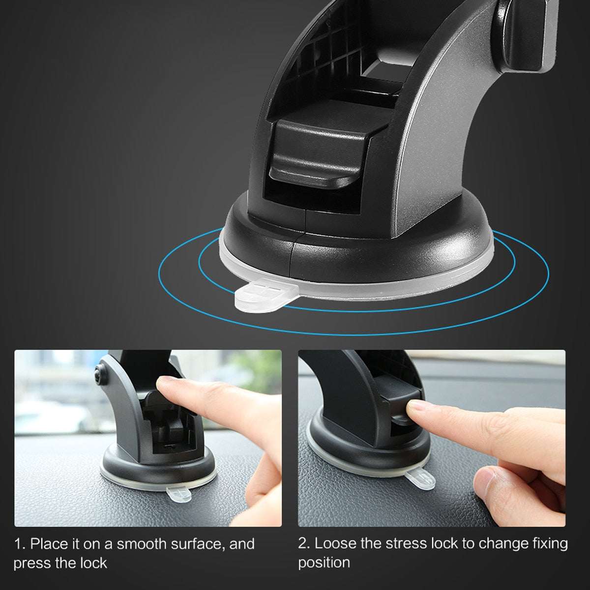 Black suction base phone holder mount with locking ring for position changes