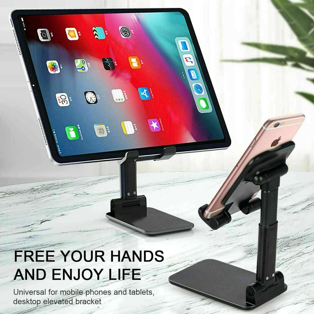 Black desktop phone and tablet stand with angled holder and wide base
