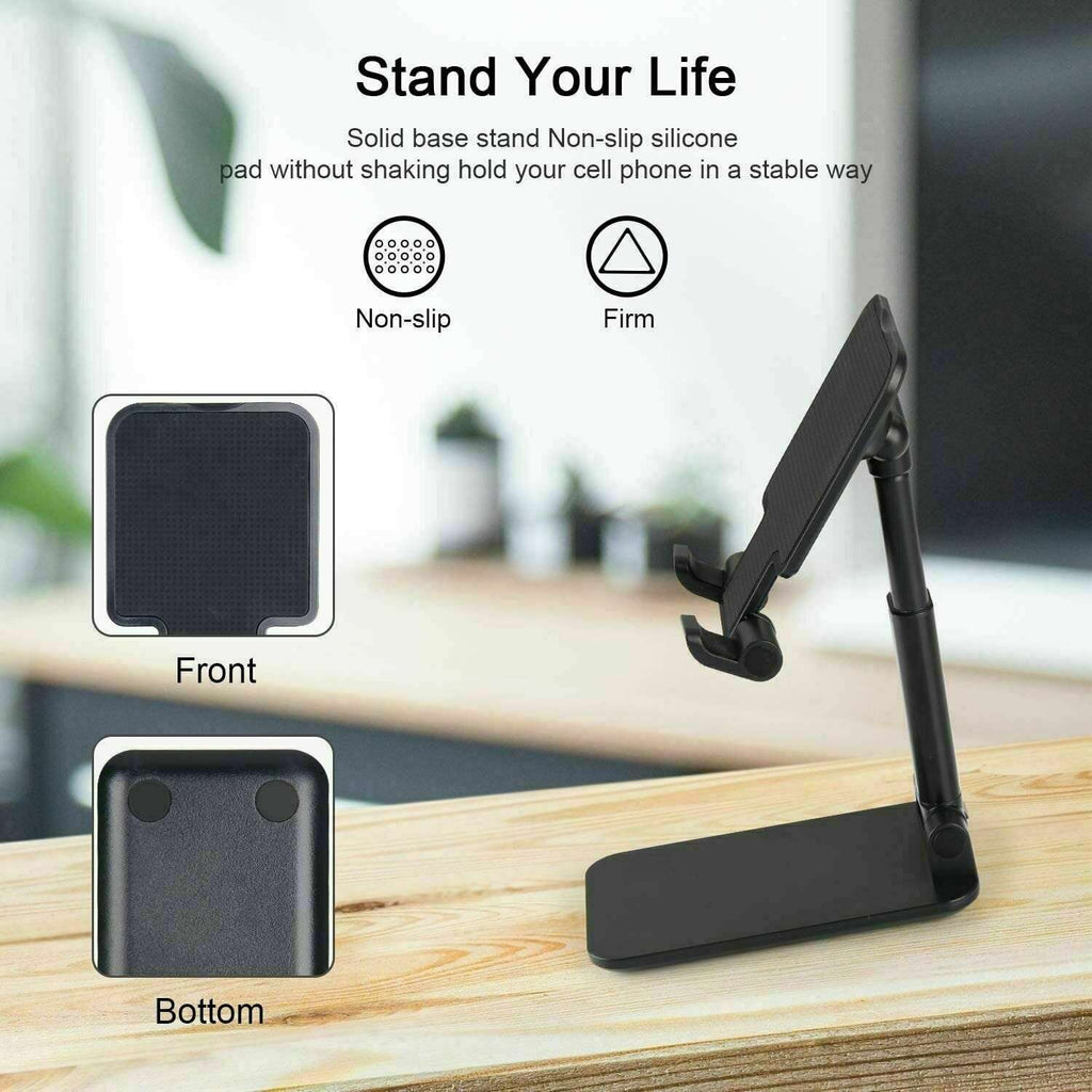 Black adjustable phone stand with textured grip pad and non-slip base