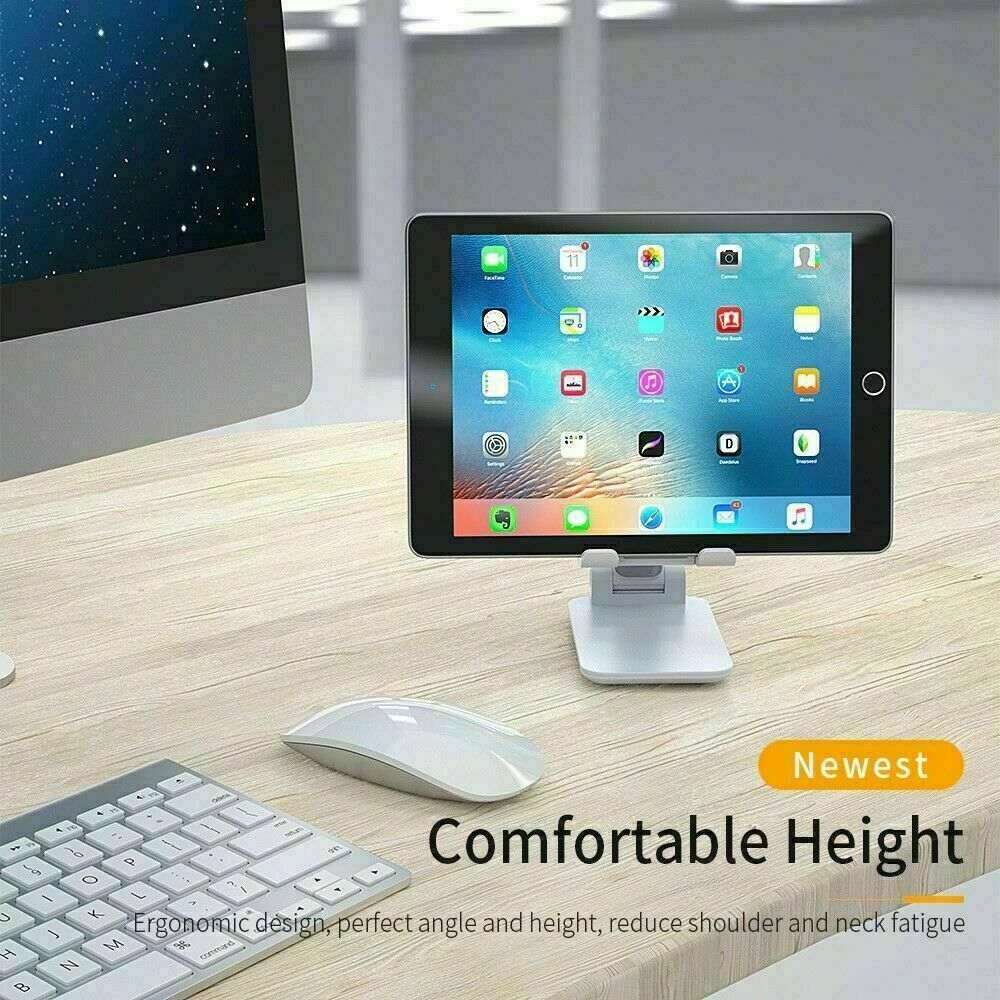 Black desk tablet mount with cradle holding a tablet upright