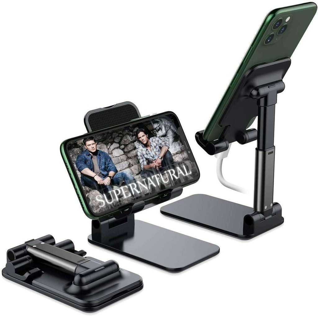 Black desk phone stand holding a phone and tablet; includes spare mounting arm