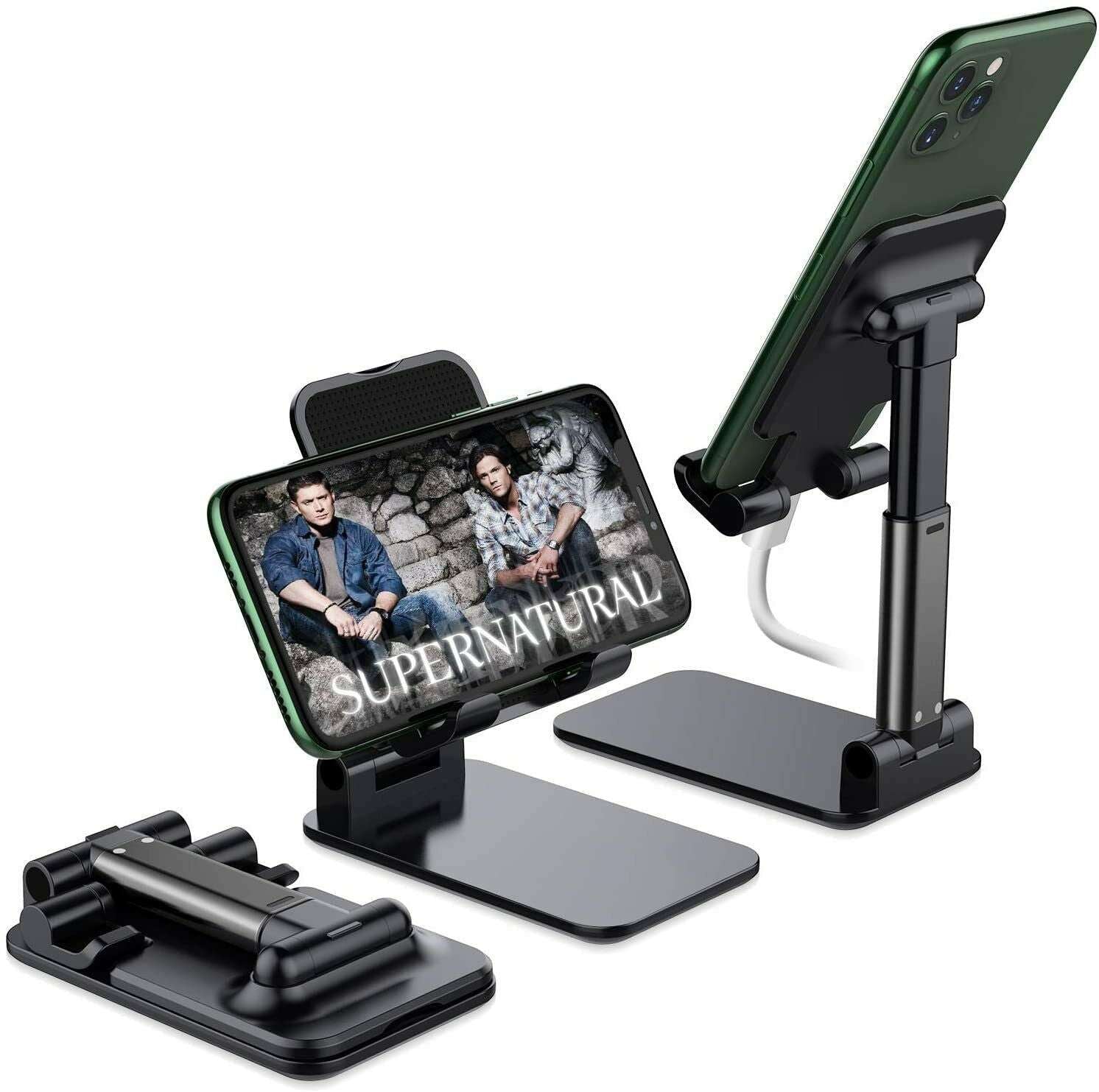 Black desk phone stand holding a phone and tablet; includes spare mounting arm