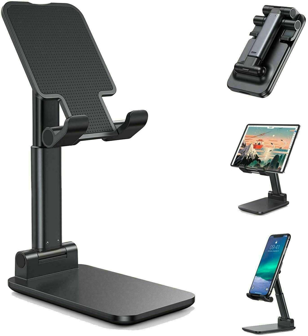 Black desktop phone stand with textured backrest and pivoting cradle
