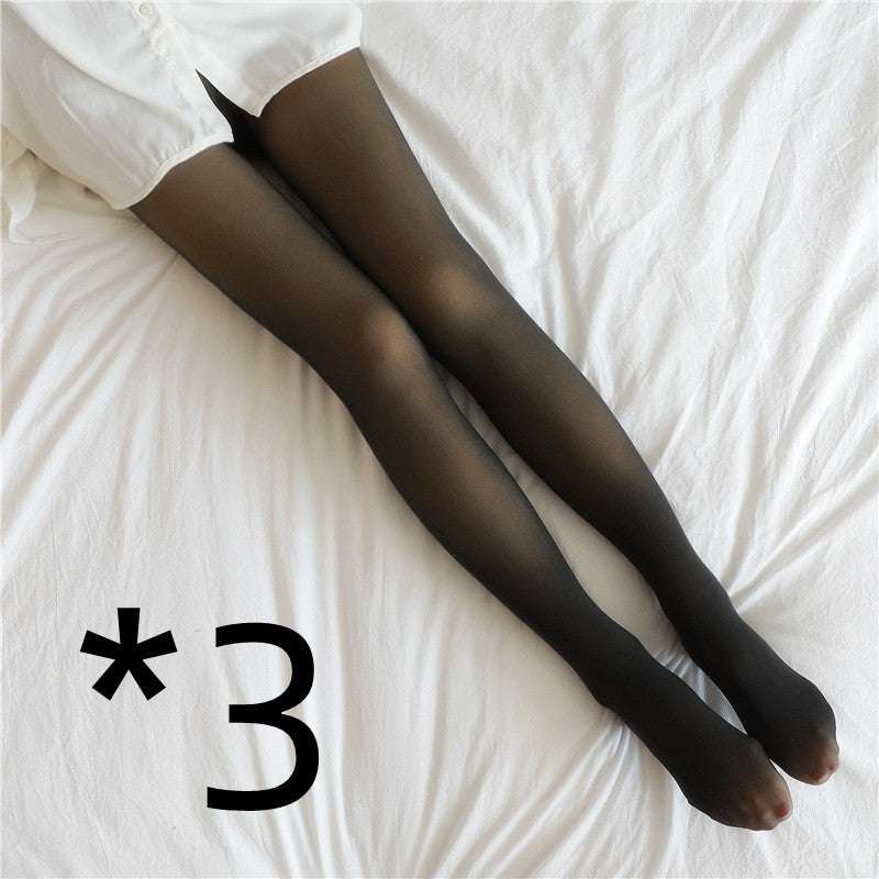 Fleece-lined thermal tights, dark sheer legs on white fabric