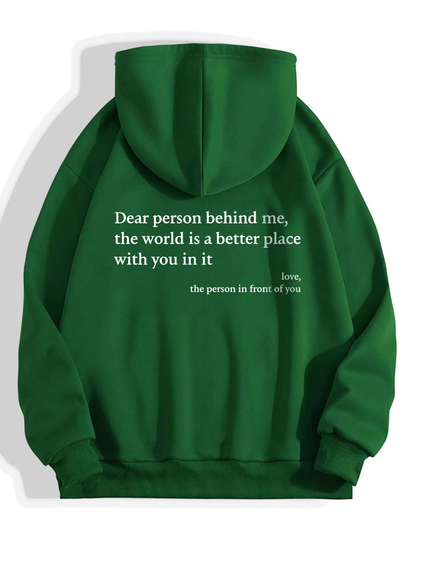 Green plush hoodie with drawstring hood and kangaroo pocket, letter print on front