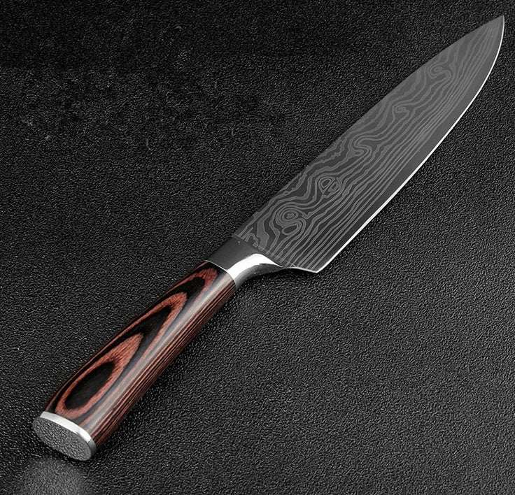Chef knife with patterned steel blade and dark wooden handle