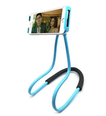 Blue flexible phone neck stand with curved arms and smartphone holder