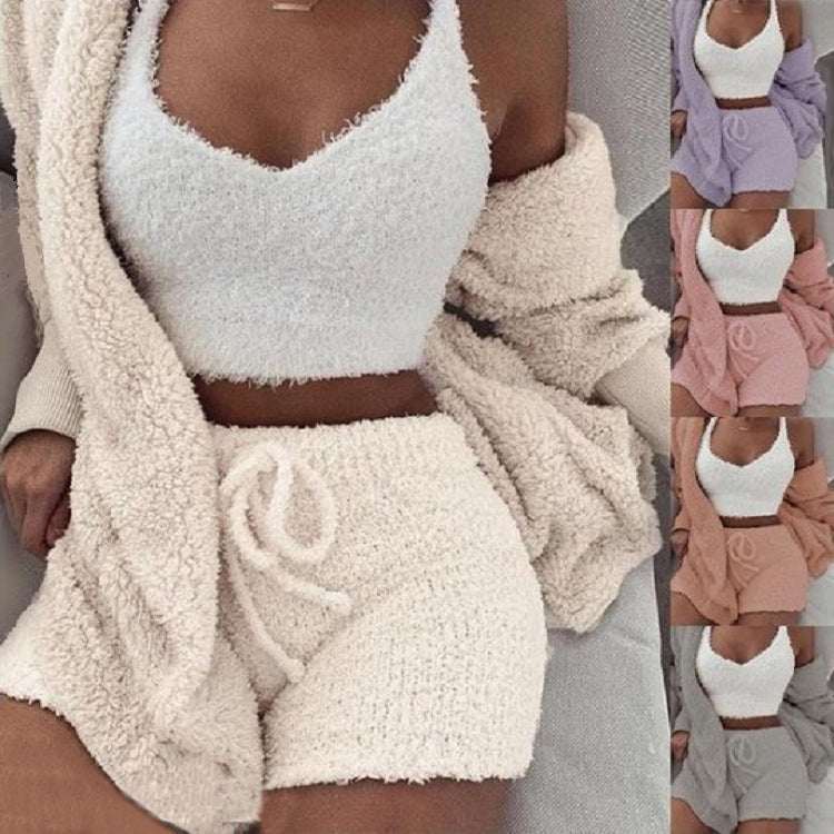 Fuzzy cream crop tank top with drawstring shorts and matching long-sleeve jacket set