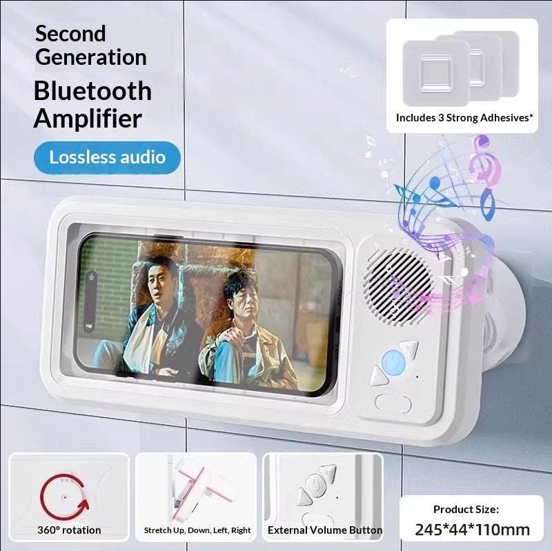 White waterproof phone box with speaker grille, touch-screen window, side controls