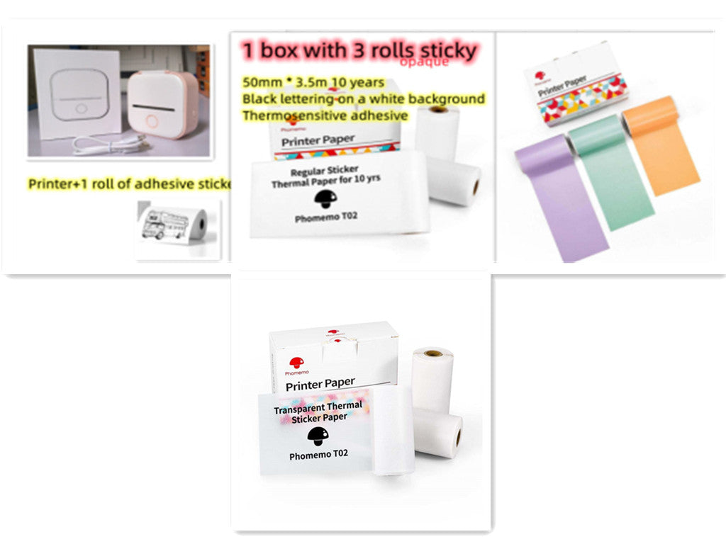 Mini thermal label printer with thermal sticker rolls and assorted color paper strips