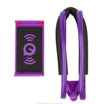 Folded purple flexible phone neck stand with black clasp and wireless icon