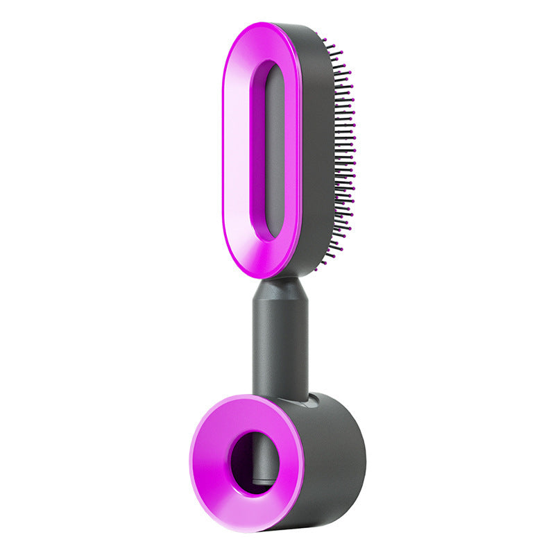 Self-cleaning hair brush with purple bristle head and purple cleaning base