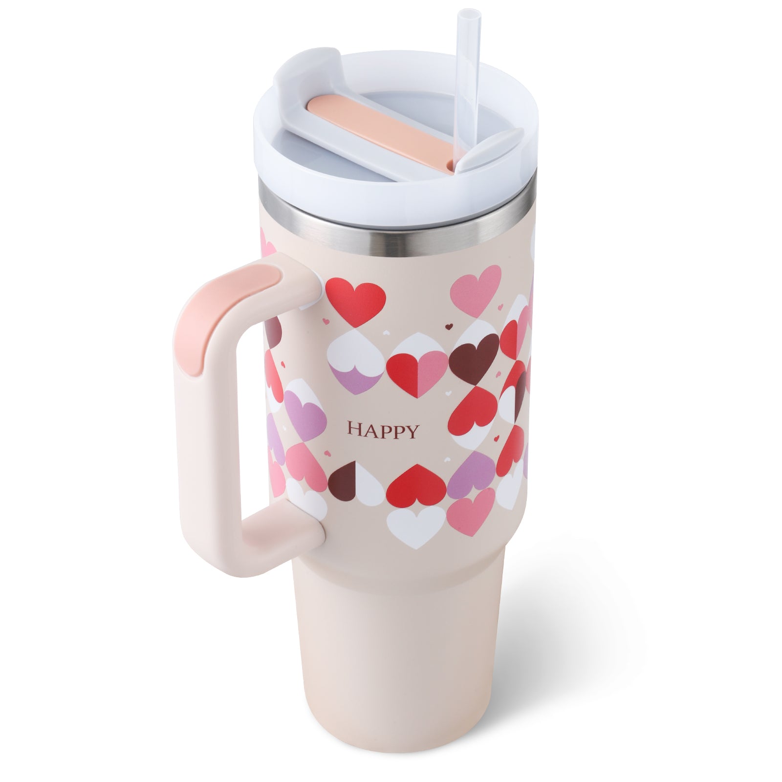 Cream insulated tumbler with handle, lid, and clear straw with heart print