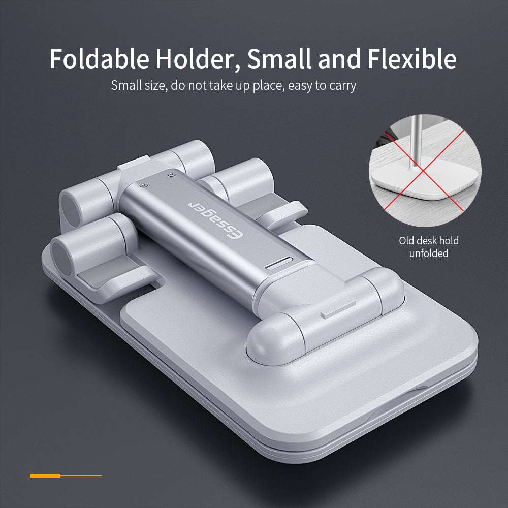 Foldable phone and tablet stand with compact folded design, silver-gray
