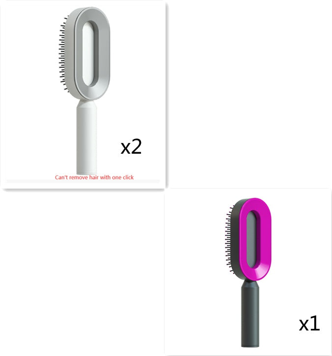 Self-cleaning hair brush with light gray oval comb head and white handle