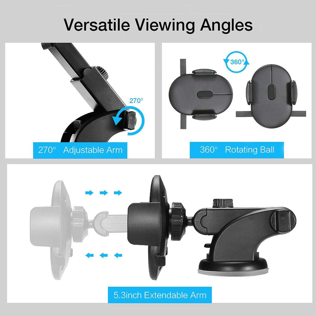 Black phone holder mount with 360 rotating ball head and adjustable arm