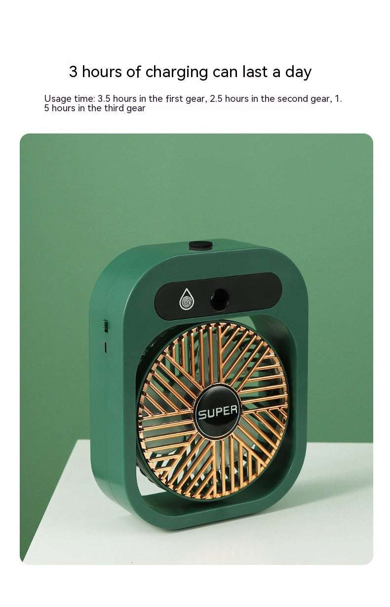 Portable misting air cooler fan, green body with front circular grille