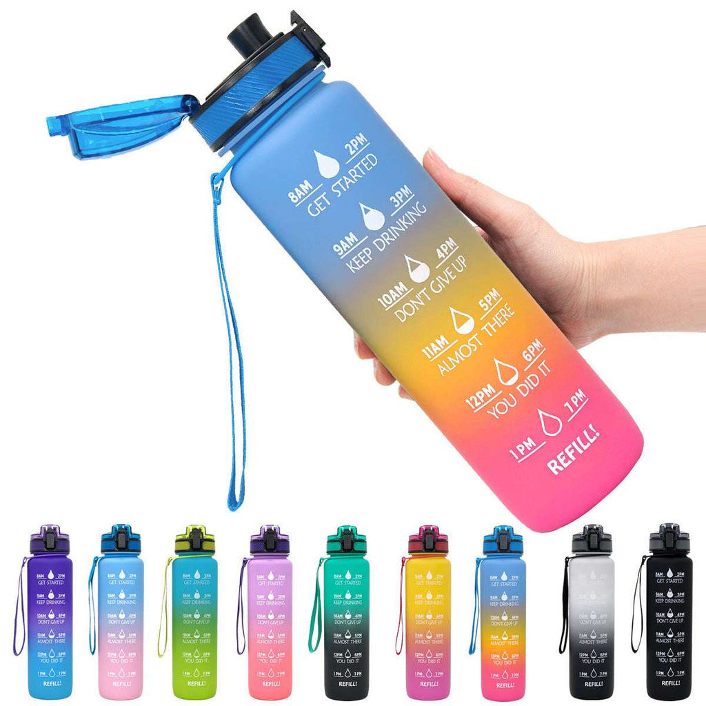 1L motivational water bottle with time marker, blue gradient with pink bottom and strap