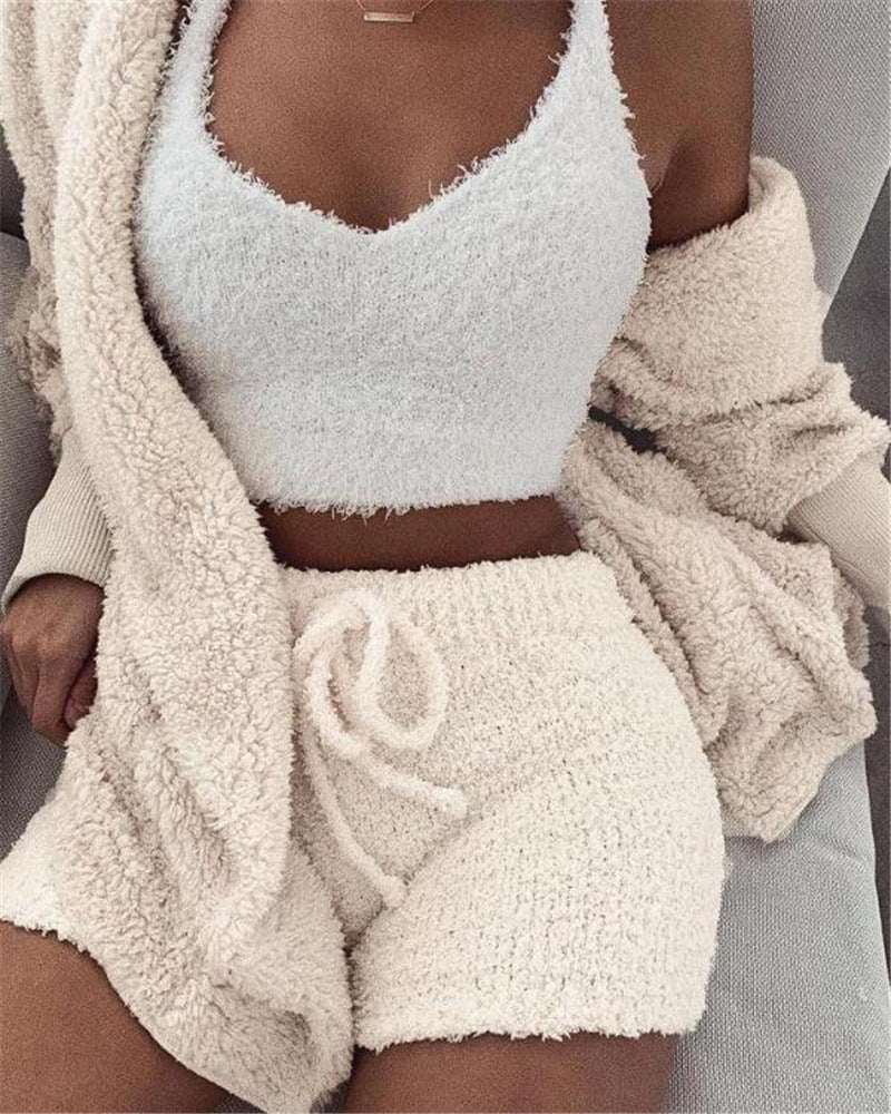 Fuzzy cream crop tank top and drawstring shorts with matching long-sleeve jacket