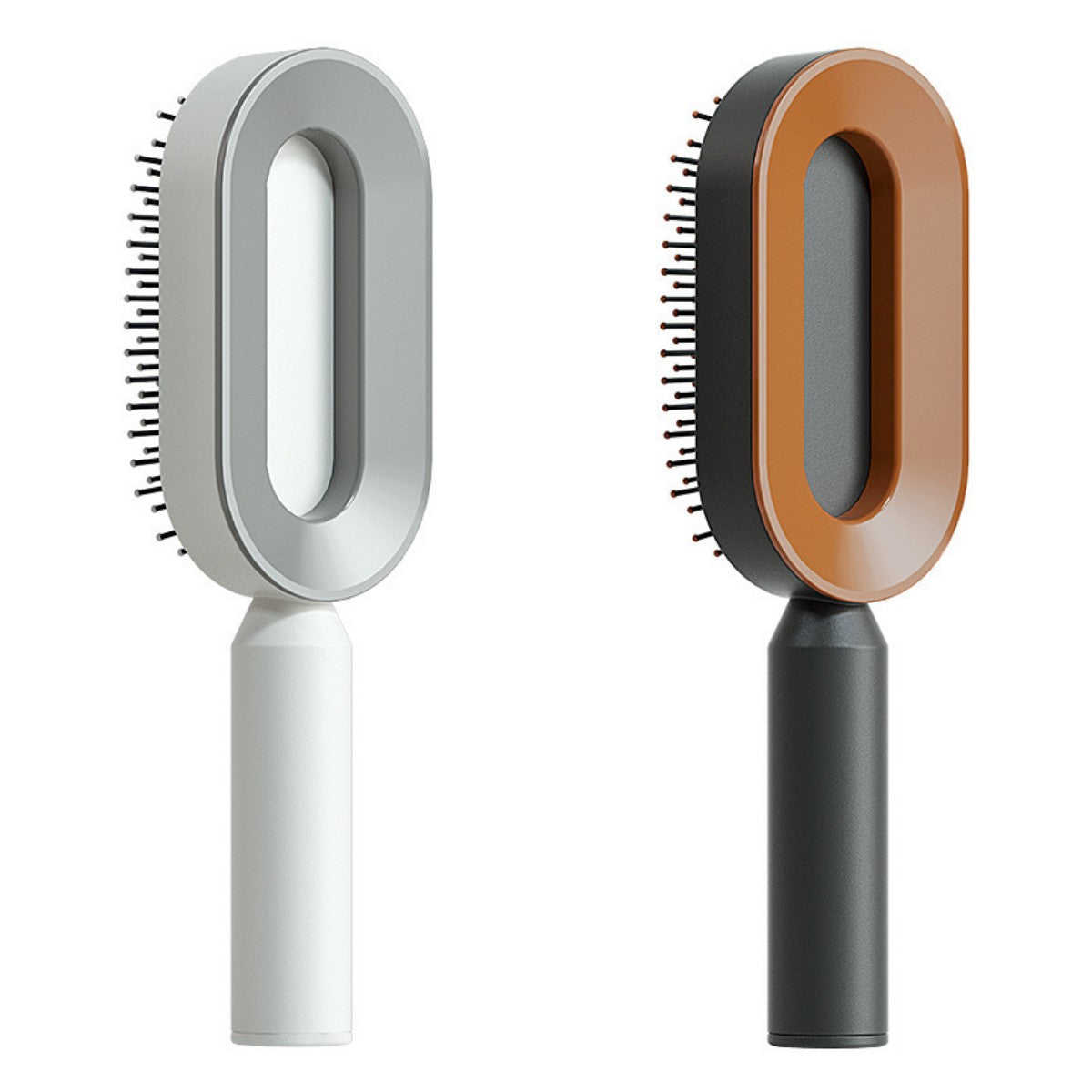Self-cleaning hair brush set: gray oval head with white handle and orange oval head with black handle.