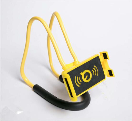Yellow flexible phone neck stand with black wireless icon holder for smartphone