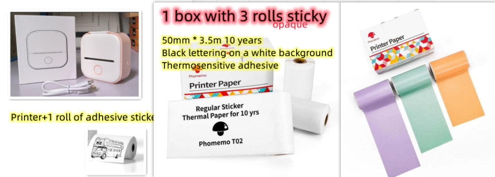 Thermal label printer with adhesive sticker rolls and multicolor paper samples