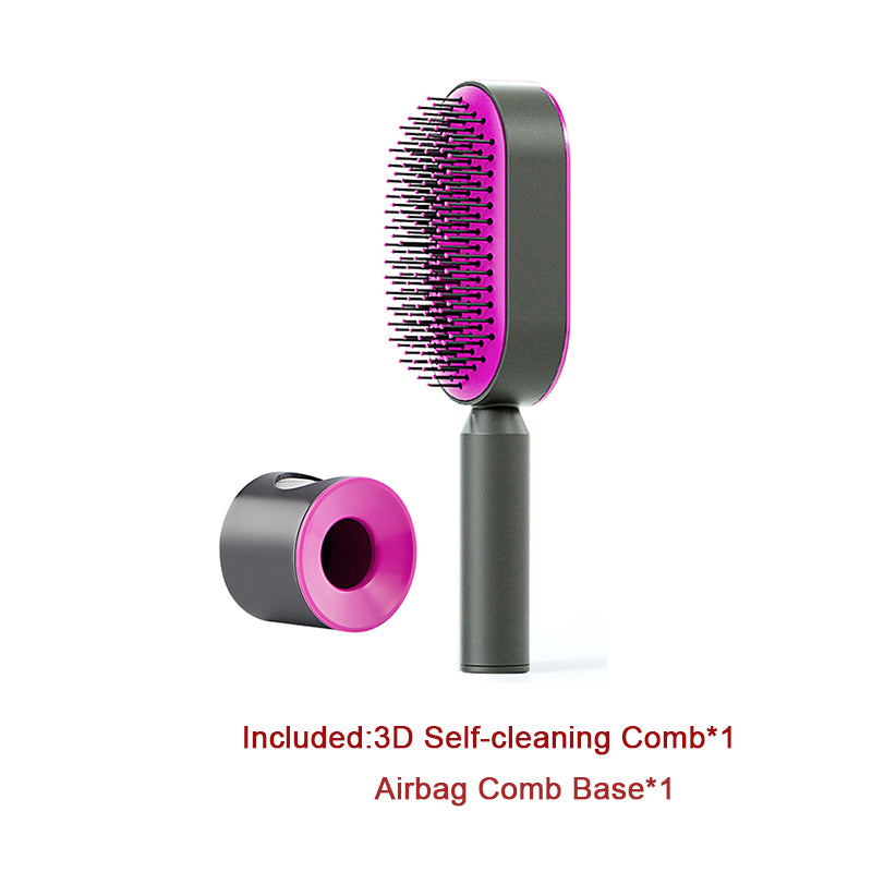 Self-cleaning hair brush with magenta bristles and magenta end ring cleaning base
