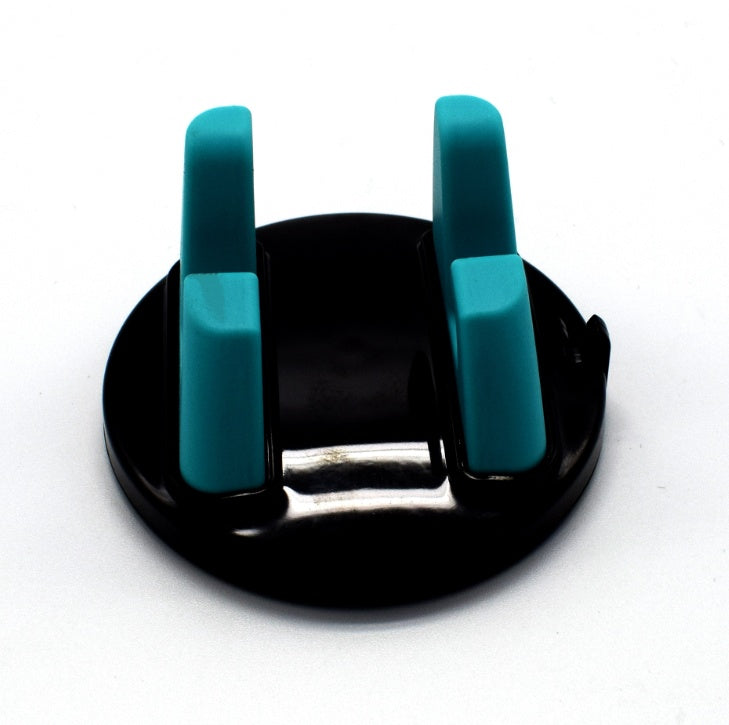 Teal dashboard phone mount with two silicone arms on a black suction base