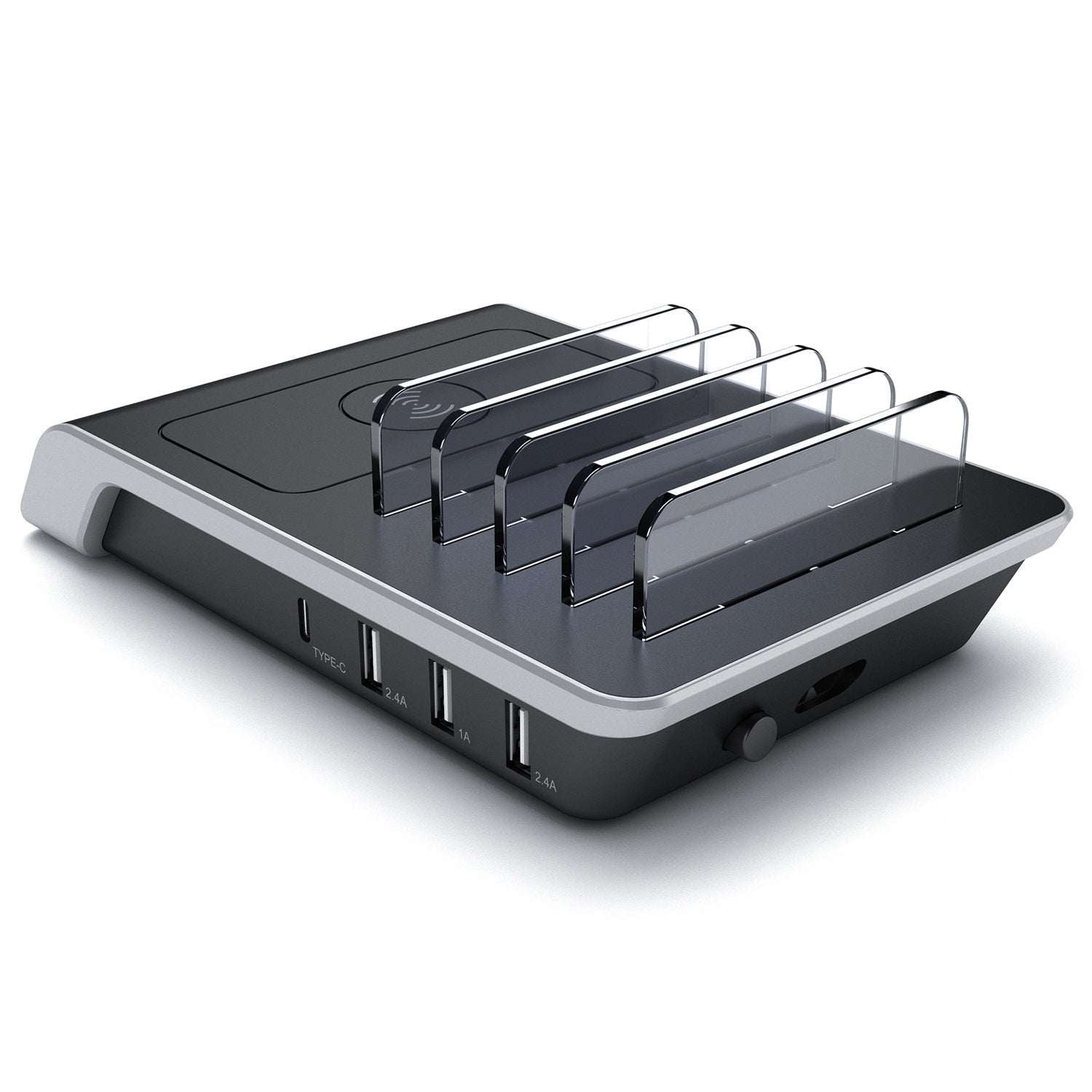 Black multi-device charging stand base with transparent cable guides and ports