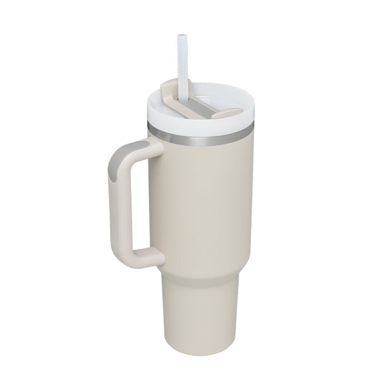 40oz insulated travel tumbler with straw and handle, light cream body and gray rim