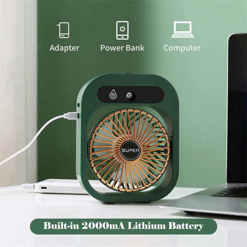 Portable misting air cooler fan, green body with front grille and control panel
