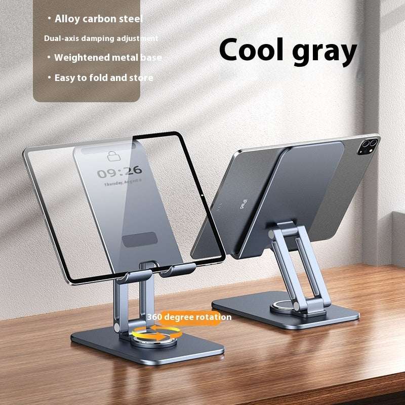 Cool gray rotatable tablet stand with dual-plate base and support arm