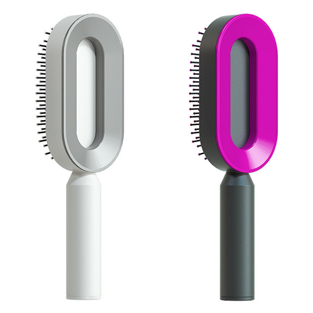 Self-cleaning hair brush set: gray oval head with white handle and purple oval head with dark handle.