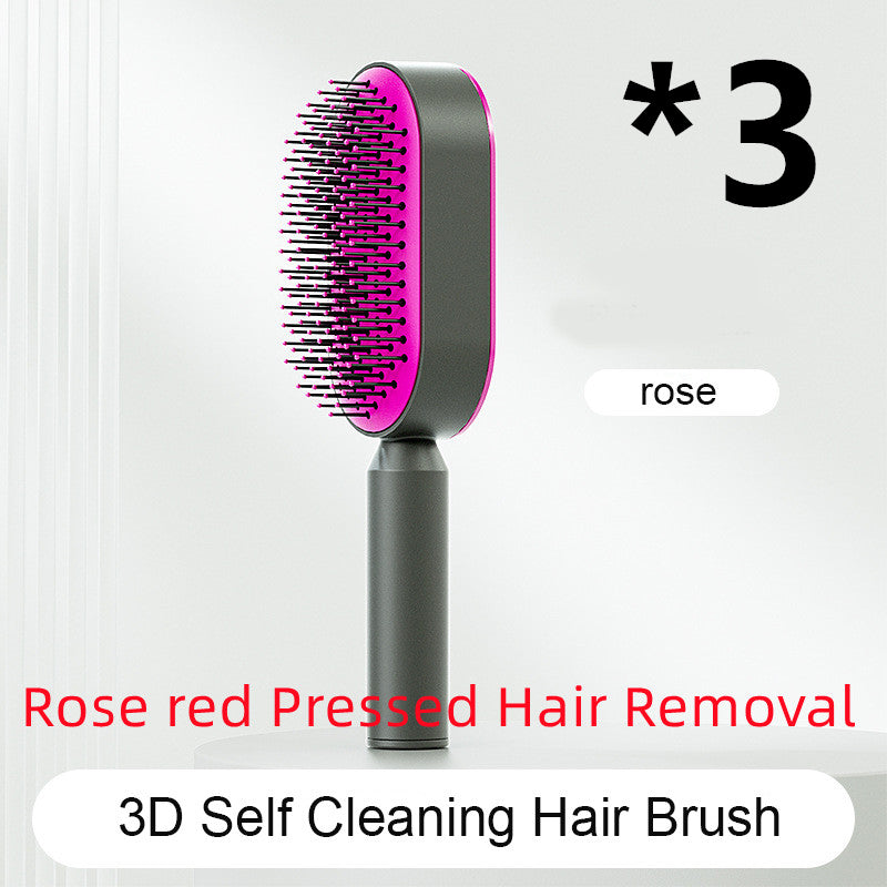 Self-cleaning hair brush with magenta-tipped bristles on dark handle and magenta base