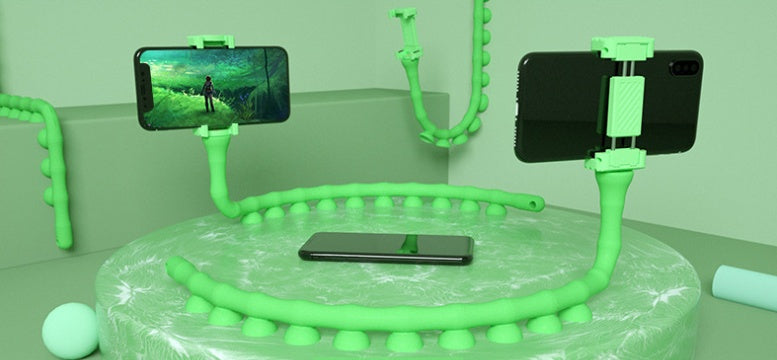 Neon-green flexible worm phone suction holder with clamp grip