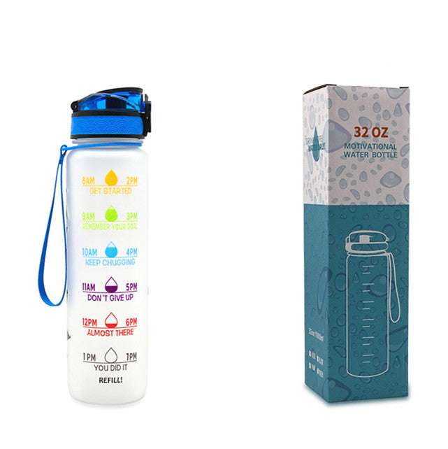 1L motivational water bottle with time marker text, white body, blue cap and strap