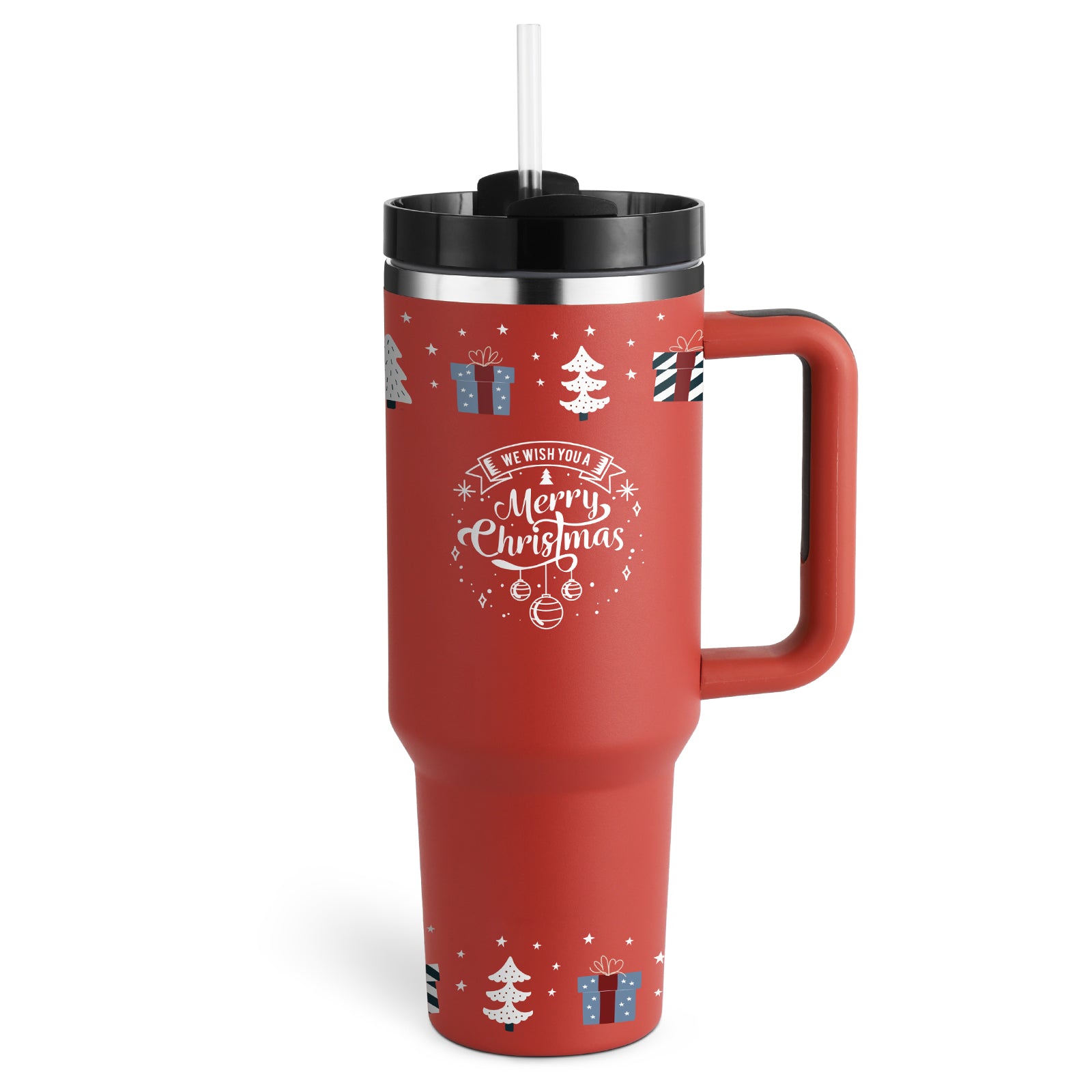 Red insulated tumbler with handle, lid, and clear straw with holiday graphic