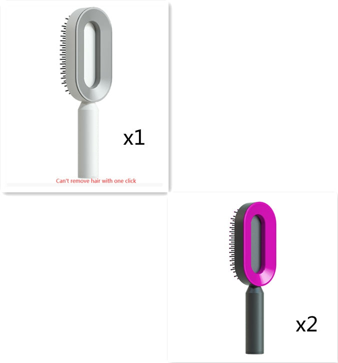 Self-cleaning hair brush with purple oval comb head and dark gray handle