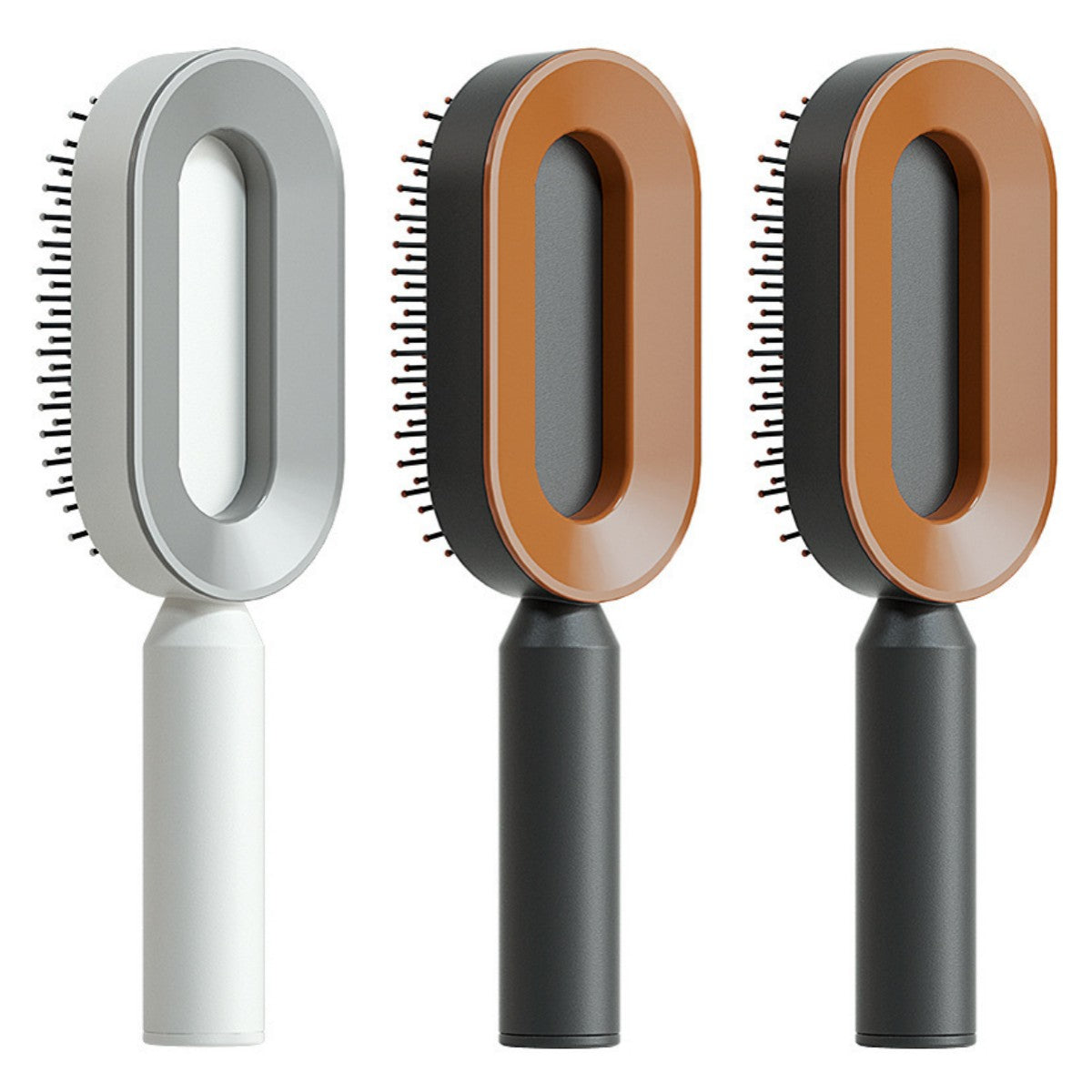 Self-cleaning hair brush set with three oval bristle pads: light gray, tan, and dark