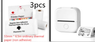 Portable mini thermal label printer with 3 rolls of printer paper and label sticker box.