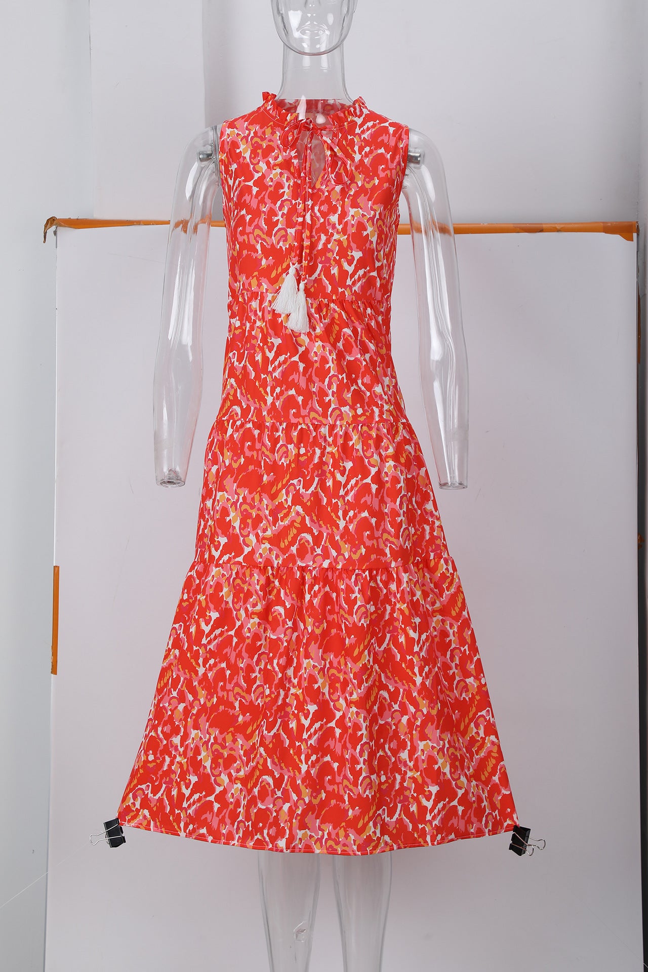 Sleeveless V-neck abstract-print dress in red with full skirt
