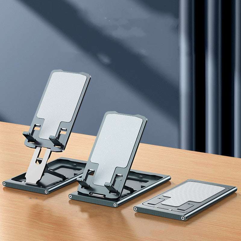 Foldable aluminum mobile phone stand with textured grip and adjustable base
